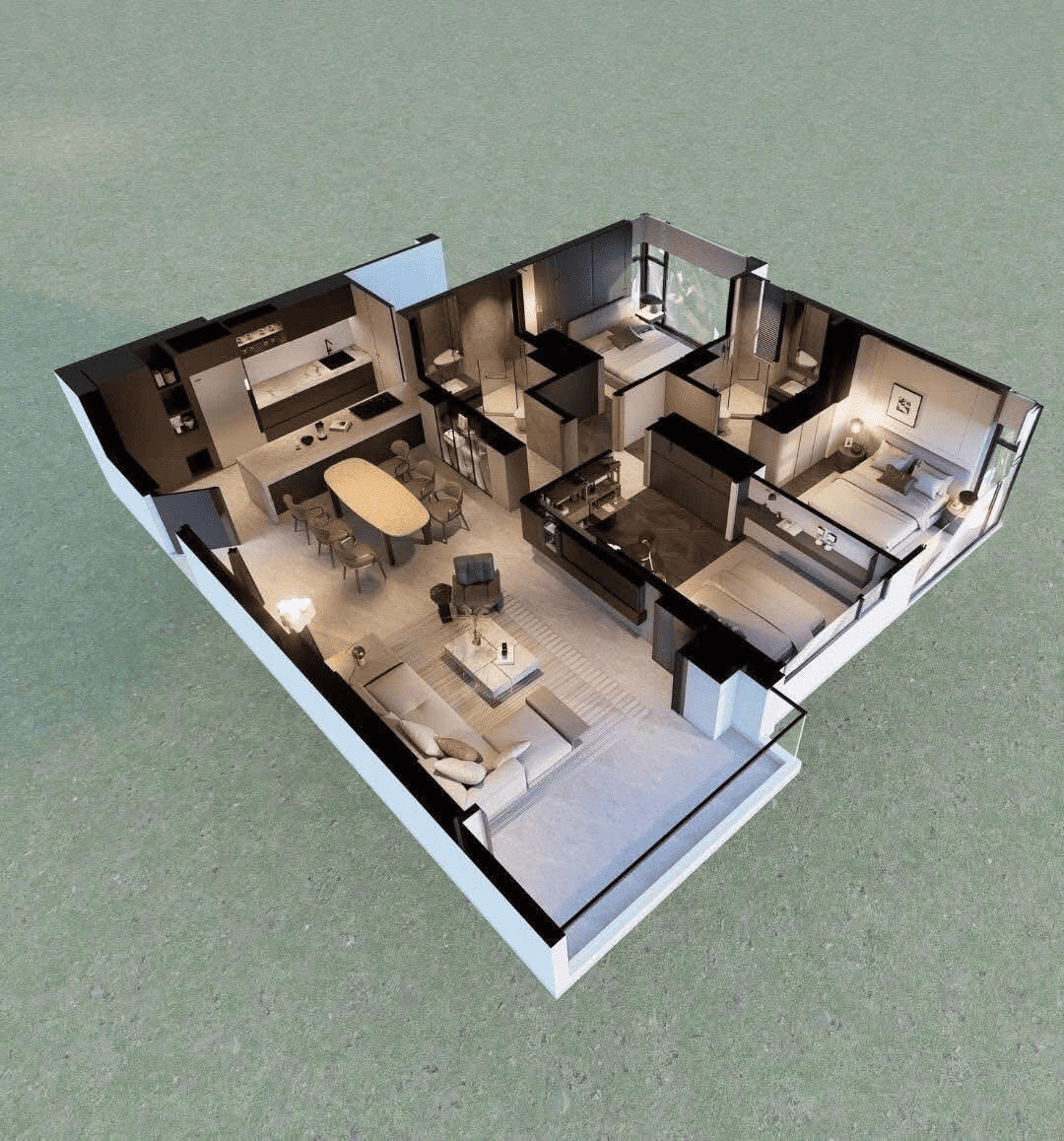 Phối cảnh 3D không gian sinh hoạt chung layout 3 phòng ngủ Ansana by Kita
