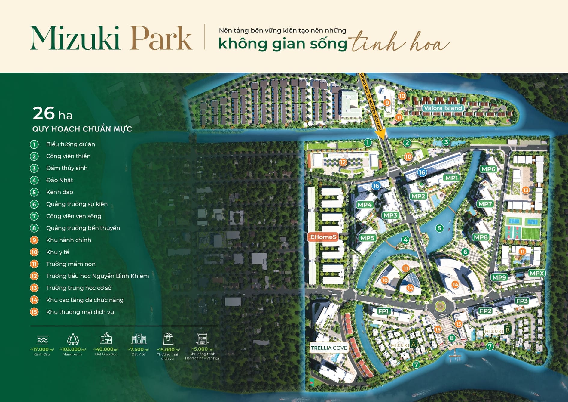 Mặt bằng quy hoạch tổng thể khu đô thị tích hợp Mizuki Park 26ha